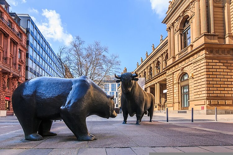 Fremdsprachenkorrespondenten der Euro Akademie Mainz erleben die Börse live Der Bulle und der Bär stehen als Statur vor der Börse Frankfurt.