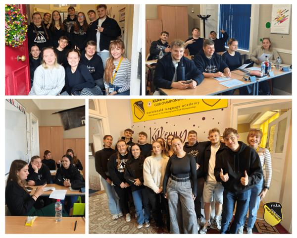 Bildcollage von Schülerinnen und Schülern der Euro Akademie Leipzig während ihres Erasmus+ Auslandsaufenthalts in Kilkenny, Irland. Die Fotos zeigen mehrere Lern- und Alltagssituationen in der Mackdonald Language Academy: Gruppenaufnahmen im Schulflur mit gelbem Academy-Logo, Unterrichtsszenen in hellen Klassenräumen sowie eine Gruppe junger Erwachsener, die fröhlich zusammensteht. Die Collage vermittelt Eindrücke vom Sprachunterricht, der internationalen Lernumgebung und dem interkulturellen Austausch im Rahmen des Erasmus+ Förderprogramms.