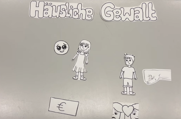 Kooperation mit dem WEISSEN RING e.V. Unter der Überschrift "Häusliche Gewalt" sind verschiedene Figuren aufgeführt, die aus Papier ausgeschnitten sind: Ein weinender Smiley neben einer Frau, eine Faust, die auf einen Mann einschlägt, das Euro-Zeichen und zwei Personen, zwischen deren Köpfe ein Herz gezeichnet ist.
