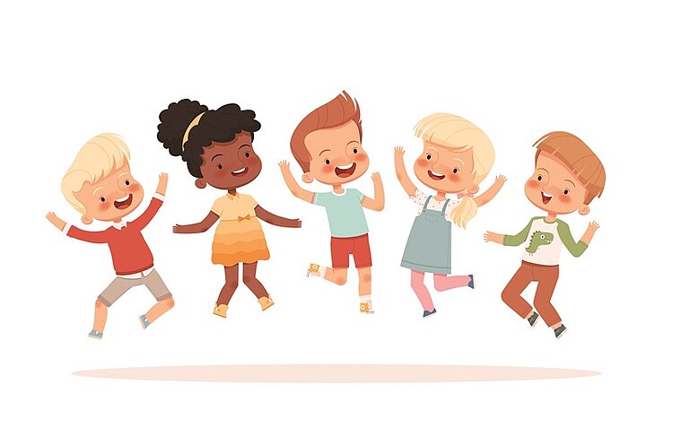 Illustration fröhlicher, springender Kinder.