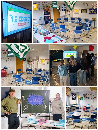 Mehrere Farbfotos zeigen in einer Collage einen Veranstaltungsraum der Euro Akademie Rochlitz mit blauen Stühlen, weißen Wänden und verschiedenen Dekorationen. Ein großer Bildschirm mit buntem Rahmen zeigt die Schrift '1,2 oder 3 START NOW'. In einer Aufnahme stehen mehrere Personen vor dem Bildschirm, in anderen sind die Stühle leer und in Reihen angeordnet. Ein weiteres Bild zeigt eine grüne Tafel mit der Aufschrift 'Woche' und zwei Personen, die davor stehen. Auf Tischen liegen beschriftete Schilder. Die Dekoration umfasst bunte Fragezeichen und Banner.