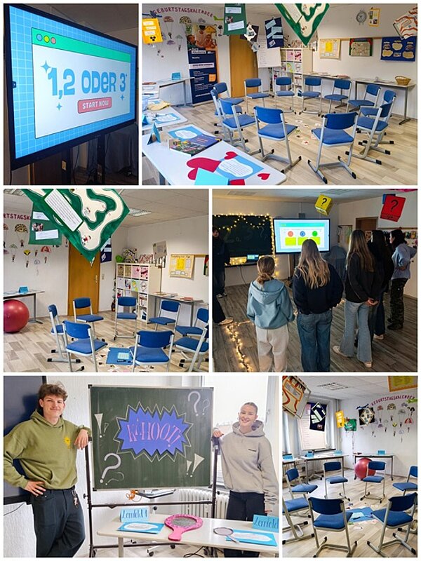 Mehrere Farbfotos zeigen in einer Collage einen Veranstaltungsraum der Euro Akademie Rochlitz mit blauen Stühlen, weißen Wänden und verschiedenen Dekorationen. Ein großer Bildschirm mit buntem Rahmen zeigt die Schrift '1,2 oder 3 START NOW'. In einer Aufnahme stehen mehrere Personen vor dem Bildschirm, in anderen sind die Stühle leer und in Reihen angeordnet. Ein weiteres Bild zeigt eine grüne Tafel mit der Aufschrift 'Woche' und zwei Personen, die davor stehen. Auf Tischen liegen beschriftete Schilder. Die Dekoration umfasst bunte Fragezeichen und Banner.