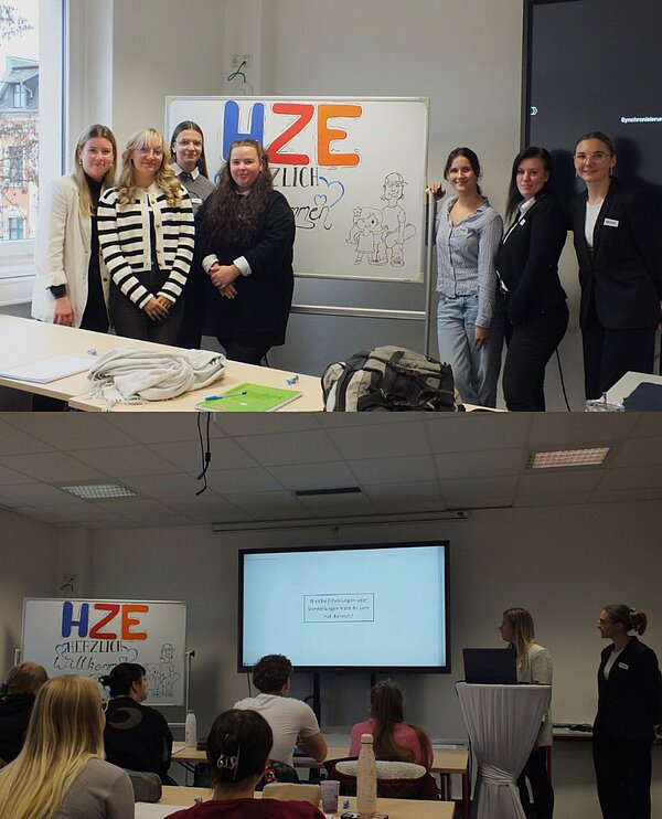 Ein collageartiges Foto aus einem Seminarraum: Oben stehen sieben junge Frauen nebeneinander vor einem Whiteboard, auf dem groß „HZE herzlich willkommen“ in bunten Buchstaben sowie mehrere Comicfiguren gezeichnet sind. Unten sitzen mehrere Teilnehmende mit dem Rücken zur Kamera und schauen auf eine Präsentationsfolie auf einem großen Bildschirm, während zwei Frauen vorne neben einem Laptop stehen und etwas vorstellen.