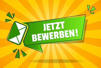 Zentral steht ein grünes Banner mit weißer Schrift, auf dem in Großbuchstaben 'JETZT BEWERBEN!' steht. Links daneben befindet sich ein stilisierter Briefumschlag in Grün und Weiß. Der Hintergrund zeigt ein gelbes Strahlenmuster, das von der Mitte nach außen verläuft. Um das Banner sind kleine grüne Akzentelemente angeordnet.