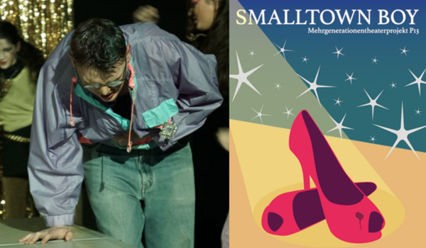 Theater als Spiegel der Gesellschaft Fotocollage des Theaterposters zum Stück Smalltownboy, mit pinken Peeptoes und Sternchen und Bild des Schauspielers, der sich gebeut den Bauch hält.