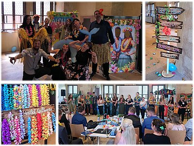 Collage mit Eindrücken einer sommerlichen Feier mit Hawaii-Dekoration, Blumenketten, Fotowand, Willkommensschild, Tiki-Bar-Motto und einer Gruppe von Teilnehmenden vor Publikum.