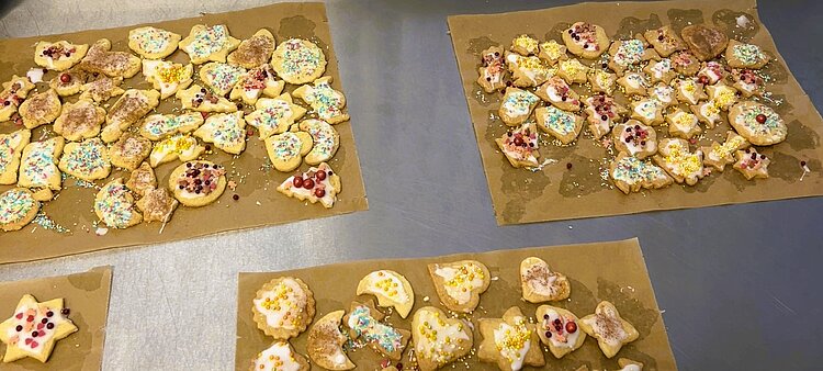 Viele bunte Plätzchen, verziert mit Zuckerguss und bunten Streuseln, liegen auf mehreren Blättern Backpapier auf einem Metalltisch.
