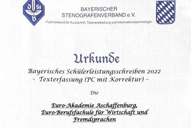 Erster Platz für die Euro Akademie Aschaffenburg im Bayerischen Leistungsschreiben 2022