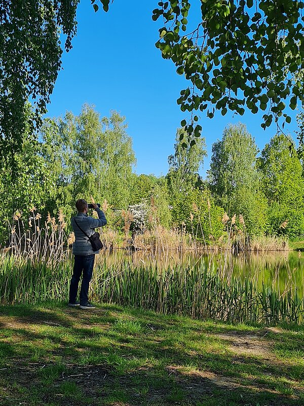 Ein Schüler steht an einem idyllischen Teich, mitten im Grünen und schaut im Rahmen der Vogelzählung durch ein Fernglas. 