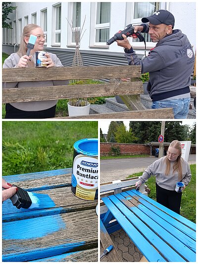 Collage einer gemeinsamen Renovierungsaktion im Freien: Eine Teilnehmerin streicht eine hölzerne Sitzgruppe mit leuchtend blauer Farbe, während ein Mann mit einer Bohrmaschine bei den Arbeiten unterstützt.
