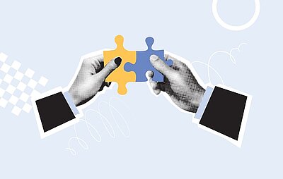 Zwei Hände halten jeweils ein Puzzleteil, das linke ist gelb, das rechte blau. Die Puzzleteile werden aneinandergefügt. Der Hintergrund ist hell und zeigt grafische Elemente wie Kreise, Linien und Karomuster. Die Grafik symbolisiert eine erfolgreiche Kooperation.