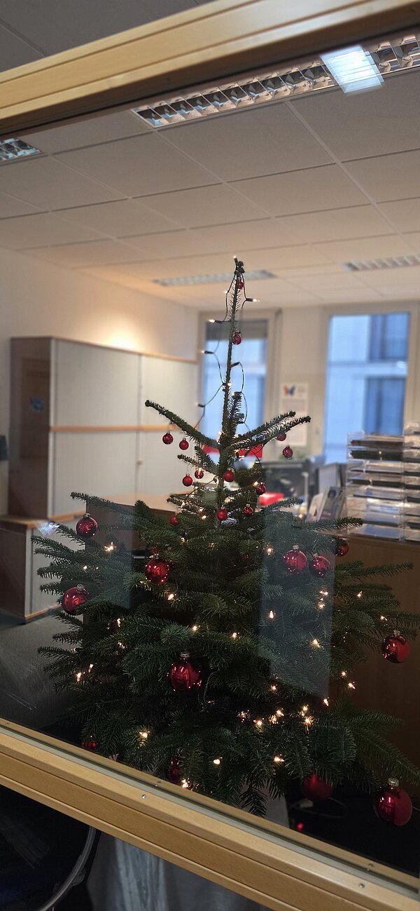 Durch eine Glasscheibe sieht man einen im Büro aufgestellten Weihnachtsbaum, der mit roten Kugeln und Lichterkette geschmückt ist; im Hintergrund stehen Aktenschränke, Schreibtische und Aktenstapel.