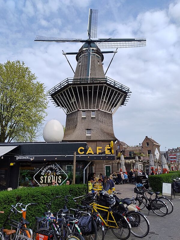 Eine traditionelle Windmühle in den Niederlanden, umgeben von einem Café mit Außenbereich. Vor der Mühle sind Fahrräder geparkt, und Menschen genießen das sonnige Wetter.