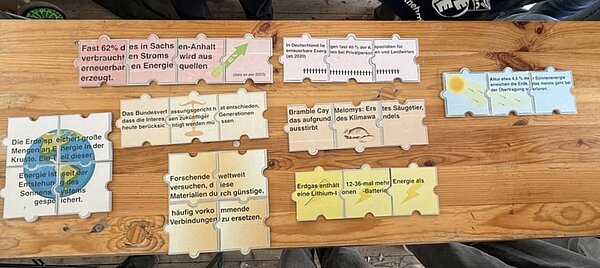 Auf einem Holztisch liegen zusammengesetzte Puzzleteile mit Texten zum Thema Energie.