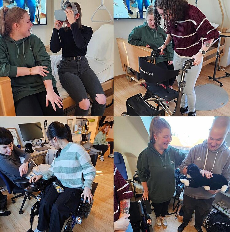 Pflege-Schüler*innen auf Erkundungstour Collage aus vier verschiedenen Bilder, die Szenen im AAL-Labor zeigen: Zwei Schülerinnen sitzen auf einem Krankenbett, eine trägt eine VR-Brille; eine Schülerin bewegt sich mit eine Rollator vorwärts, eine Mitschülerin schaut ihr dabei zu; eine Schülerin sitzt in einem Rollstuhl, Mitschüler schauen ihr dabei zu; ein Schüler hält eine Stoffkatze auf dem Arm und streichelt sie, eine Mitschülerin schaut belustigt dabei zu.