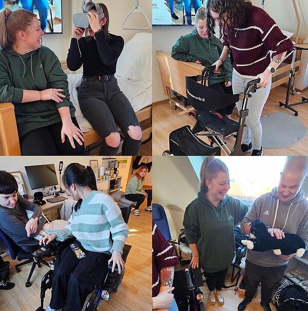 Pflege-Schüler*innen auf Erkundungstour Collage aus vier verschiedenen Bilder, die Szenen im AAL-Labor zeigen: Zwei Schülerinnen sitzen auf einem Krankenbett, eine trägt eine VR-Brille; eine Schülerin bewegt sich mit eine Rollator vorwärts, eine Mitschülerin schaut ihr dabei zu; eine Schülerin sitzt in einem Rollstuhl, Mitschüler schauen ihr dabei zu; ein Schüler hält eine Stoffkatze auf dem Arm und streichelt sie, eine Mitschülerin schaut belustigt dabei zu.
