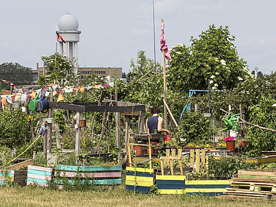 Gemeinschaftsgarten auf dem Tempelhofer Feld in Berlin mit bunt bemalten Hochbeeten, Wimpelketten und verschiedenen Pflanzen. Eine Person arbeitet im Garten, während im Hintergrund der ehemalige Flughafen Tempelhof mit seiner Radarkuppel zu sehen ist.