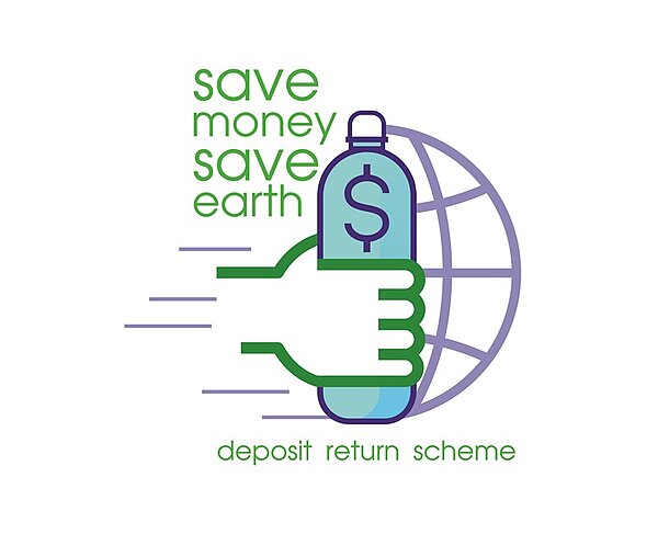 Ein Jahr „Mission: Pfandflaschen“ Die Grafik zeigt eine stilisiert halbe Weltkugel, vor die sich von links eine Hand bewegt, die eine Flasche mit einem Dollarzeichen hält. Ein Text begleitet das Motiv: save money, save earth. deposit, return, scheme.