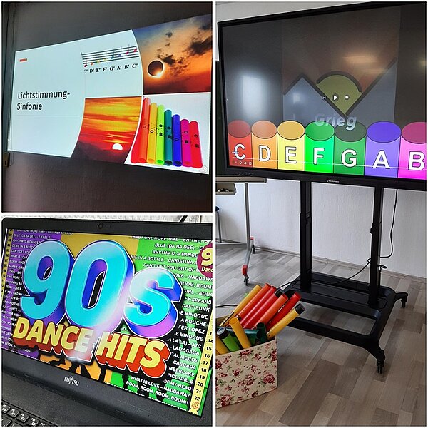 Bildcollage mit musikalischen und digitalen Stationen vom Tag der offenen Tür der Euro Akademie Rochlitz. Gezeigt werden eine Präsentation zur Lichtstimmung-Sinfonie, buntfarbige Boomwhackers auf einem interaktiven Display, eine Auswahl an Musikvisualisierungen sowie ein Laptop mit einer 90s-Dance-Hits-Oberfläche. Besucherinnen und Besucher konnten mithilfe digitaler Medien und Rhythmusinstrumente kreativ experimentieren und erfahren, wie Musikpädagogik in der Ausbildung zum Sozialassistenten und Erzieher eingesetzt wird.