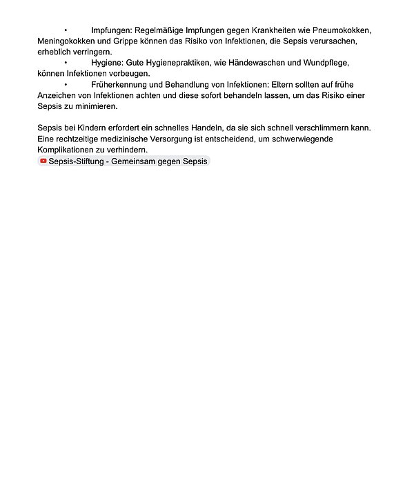 Ein weißes Dokument mit schwarzer Schrift, in dem es um Aufklärung bei einer Blutvergiftung geht.