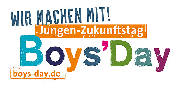 Banner mit dem Text "Wir machen mit! Jungen-Zukunftstag Boys'Day" in bunten Farben, darunter die Website boys-day.de.