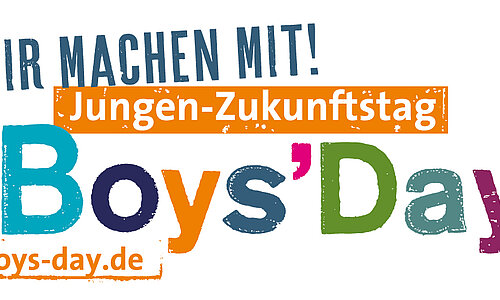 Banner mit dem Text "Wir machen mit! Jungen-Zukunftstag Boys'Day" in bunten Farben, darunter die Website boys-day.de.