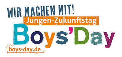Banner mit dem Text "Wir machen mit! Jungen-Zukunftstag Boys'Day" in bunten Farben, darunter die Website boys-day.de.