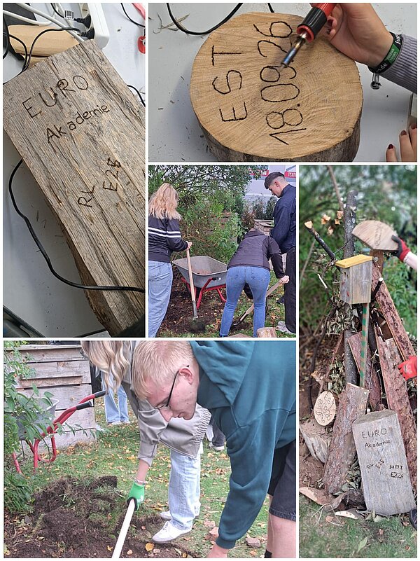 Collage eines Praxisprojekts im Freien: Teilnehmende gestalten Holzstücke mit eingebrannten Schriftzügen wie „Euro Akademie“, arbeiten gemeinsam mit Schaufel und Schubkarre im Garten und bringen die fertigen Holzschilder an einer aus Ästen und Holz gebauten Konstruktion mit kleinem Nistkasten an.
