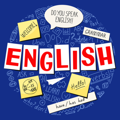 Auf blauem Hintergrund steht die roten Großbuchstaben das Wort English. Um das Wort herum verschiedene Post-it Zettel und eine Sprechblase mit verschiedenen englischen Wörtern wie Welcome, Hello und mehr.