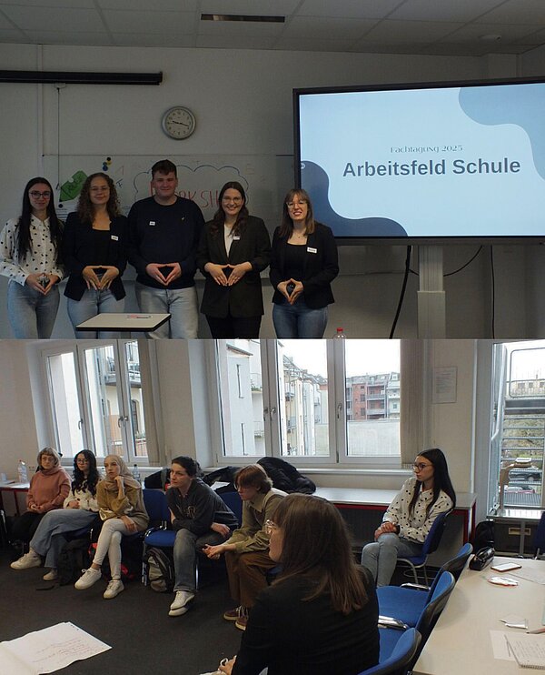 Eine Fotocollage: Oben stehen 5 Schüler, die mit den Hände eine Raute formen, vor einer Präsentationsfolie mit der Aufschrift "Arbeitsfeld Schule". Unten sitzen mehrere Schülerinnen auf Stühlen und hören gespannt zu.