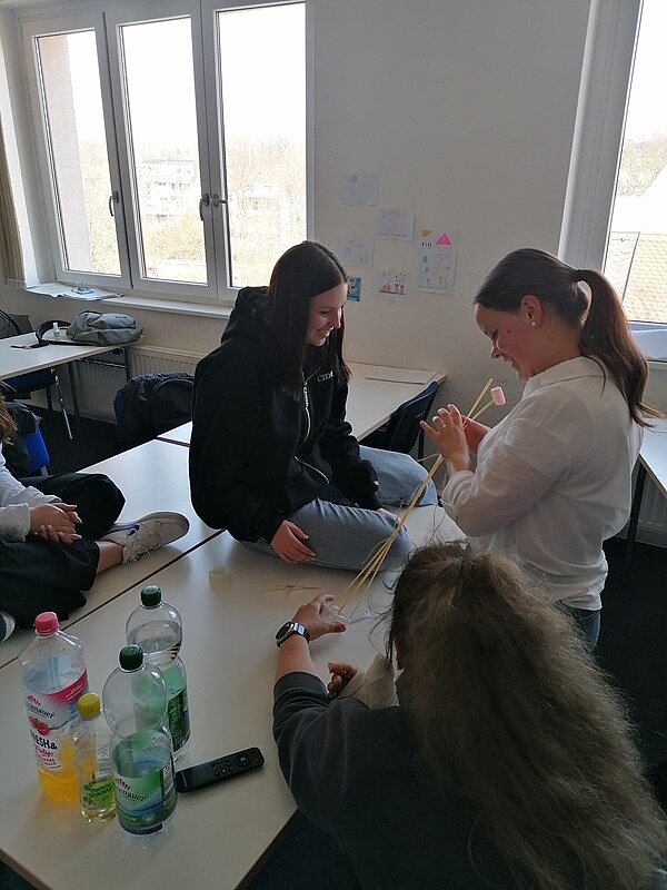 Teamwork Schülerinnen widmen sich lächelnd ihrer Gruppenaufgabe, in der sie mit langen Holzstäben hantieren müssen.