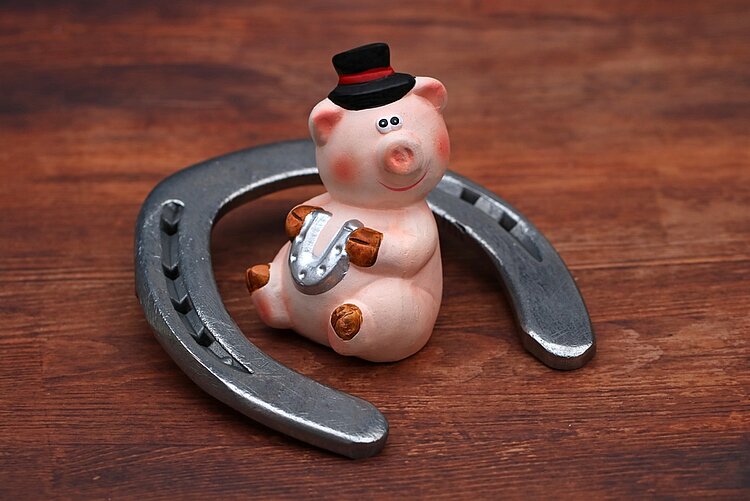 Figur von einem Glücksschwein mit Hufeisen