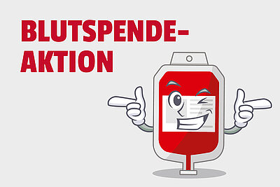 Grafische Illustration eines freundlichen, cartoonartigen Blutbeutels mit Gesicht, der lächelnd zwinkert und mit beiden Händen nach links zeigt. Daneben steht in großen roten Blockbuchstaben der Schriftzug Blutspende-Aktion. Das Motiv weist aufmerksamkeitsstark auf den Blutspendentag an der Euro Akademie Chemnitz hin und lädt zur Teilnahme ein.