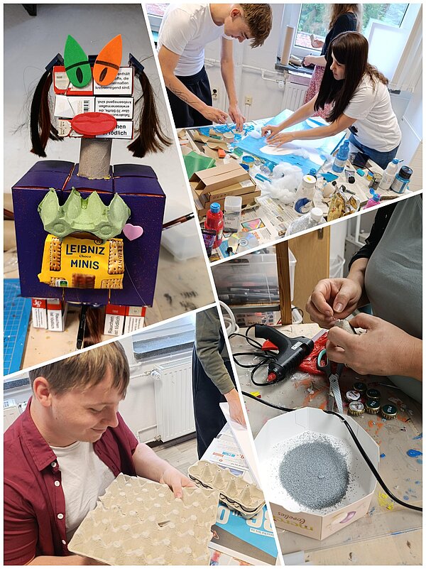 Collage eines Upcycling-Workshops mit einer Figur aus Verpackungsmaterialien, Teilnehmenden beim Basteln und Malen sowie Arbeiten mit Eierkartons, Kronkorken und Heißkleber.