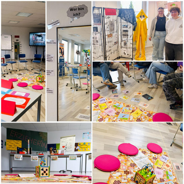 Bildcollage zeigt mehrere Szenen aus einem hellen Raum mit Holzfußboden und weißen Wänden an der Euro Akademie Rochlitz zum Tag der offenen Tür. In verschiedenen Perspektiven sind Stuhlkreise mit pinken Sitzkissen, bunte Spielmaterialien, Bücher und Plakate zu sehen. Ein Bereich zeigt einen Käfig mit gelbem Stoff und Pflanzen. An einer Wand hängt ein Schild mit der Aufschrift 'Wer bin ich?'. Menschen stehen oder sitzen, einige blättern in Büchern oder schauen auf die Materialien. Die Einrichtung wirkt modern und freundlich.