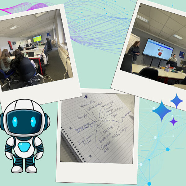 Grafische Collage mit Polaroid-Rahmen der Workshop-Fotos (Seminarraum, Mindmap, Präsentation) auf türkisfarbenem Hintergrund, dazu ein kleiner Comic-Roboter und dekorative Sterne.