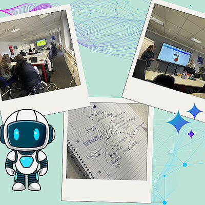 Grafische Collage mit Polaroid-Rahmen der Workshop-Fotos (Seminarraum, Mindmap, Präsentation) auf türkisfarbenem Hintergrund, dazu ein kleiner Comic-Roboter und dekorative Sterne.