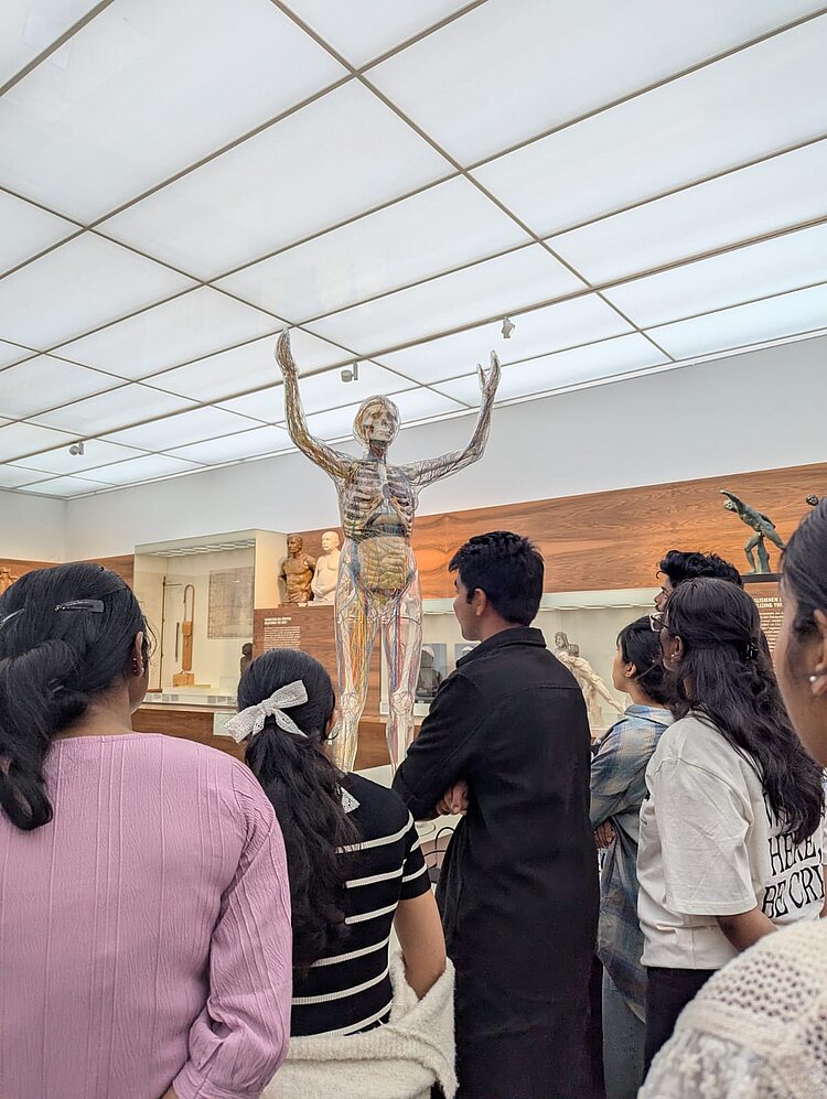 Eine Gruppe junger Menschen betrachtet ein anatomisches Modell eines menschlichen Körpers mit sichtbaren Muskeln, Nerven und Organen. Sie stehen in einem Ausstellungsraum mit weiteren medizinischen und wissenschaftlichen Exponaten.