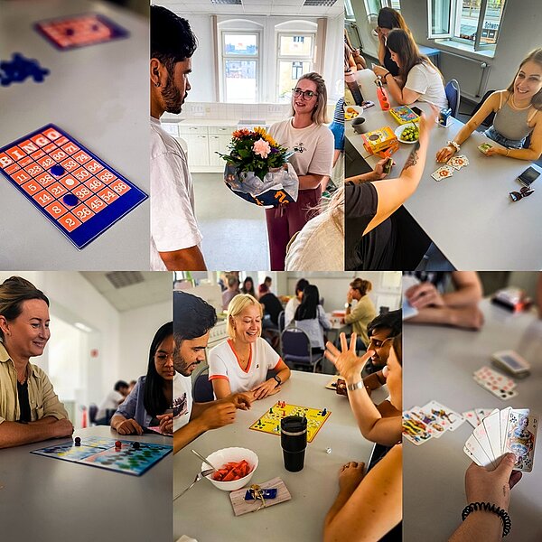 Willkommen zurück! Bildercollage mit Auszubildenden, die zum Thema lebensweltorientierte Planung des Alltags beim gemeinsamen Frühstück spielen.