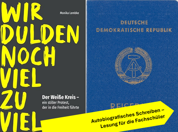 Eine blauer Reisepass der DDR, auf dessen linker Seite in gelben Buchstaben auf grauem Hintergrund "Wir dulden noch viel zu viel" steht.