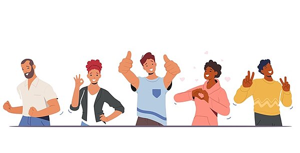 Grafik mit gezeichneten Männern und Frauen unterschiedlichen Alters und Ethnie, die alle gut gelaunt und mit positiven Gesten wie Daumen hoch, Peace-Finger, Herz-Handzeichen, nebeneinander stehen.
