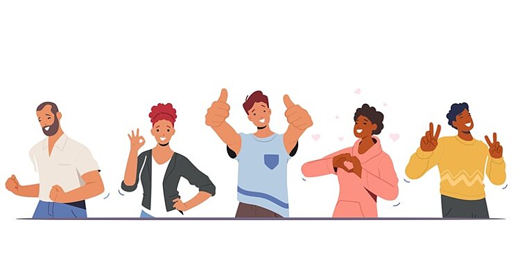 Grafik mit gezeichneten Männern und Frauen unterschiedlichen Alters und Ethnie, die alle gut gelaunt und mit positiven Gesten wie Daumen hoch, Peace-Finger, Herz-Handzeichen, nebeneinander stehen.