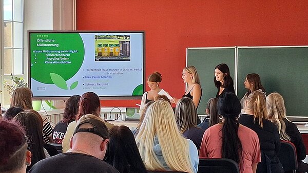 Die Schülerinnen und Schüler der Euro Akademie Hohenstein-Ernstthal stehen und sitzen im Klassenraum, vorn hält eine Gruppe Schülerinnen eine Präsentation zum Thema Mülltrennung, die den Mitschülern auf einem großen Bildschirm angezeigt wird.