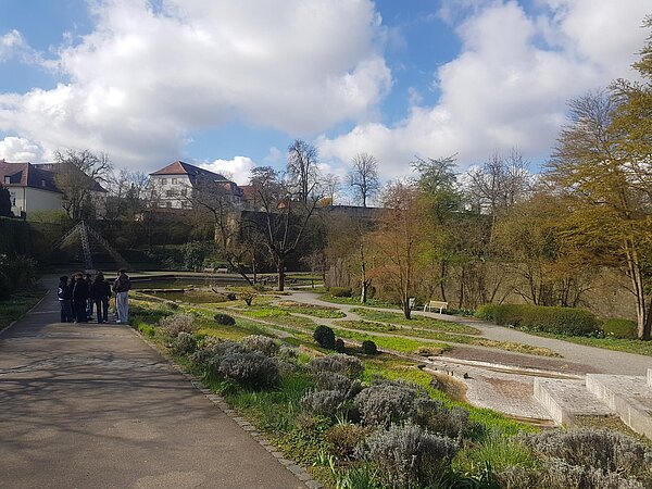 Blick auf eine parkähnliche Gartenanlage mit geschwungenen Wegen, Beeten, Bäumen und historischen Gebäuden im Hintergrund.