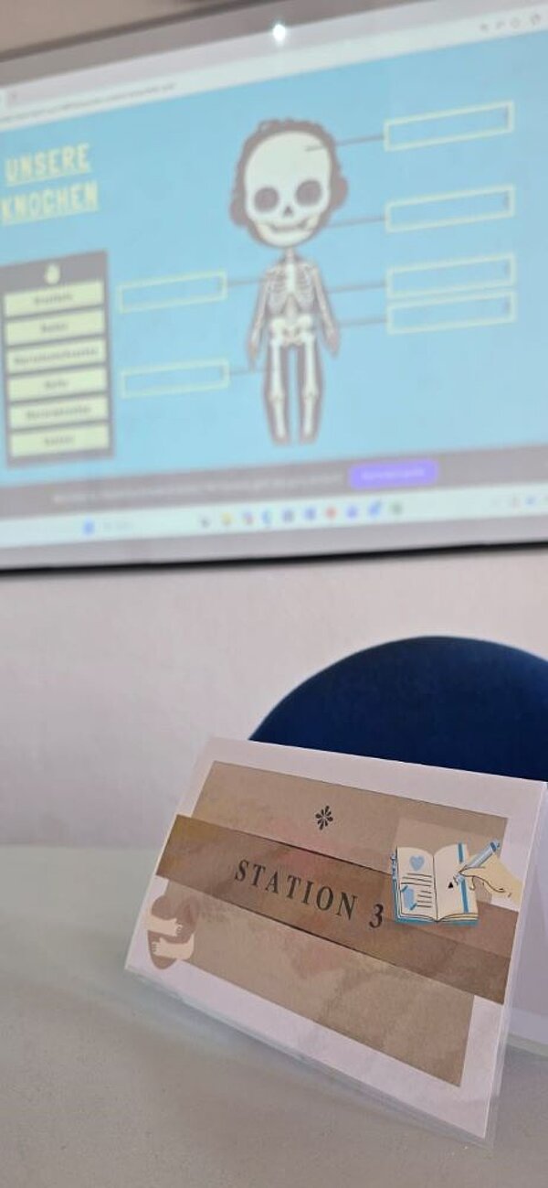 Im Vordergrund steht ein aufgestelltes Schild mit der Aufschrift 'STATION 3', das mit einem kleinen Aufkleber eines offenen Buchs mit Herz verziert ist. Im Hintergrund ist ein Bildschirm zu sehen, auf dem eine interaktive Abbildung eines menschlichen Skeletts mit Beschriftungen und einer Auswahlleiste für verschiedene Knochen angezeigt wird.