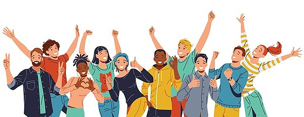 Eine diverse und fröhliche Gruppe von Männern und Frauen unterschiedlicher Ethnien. Lächelnde Gesichter, erhobene oder umeinander gelegte Arme.