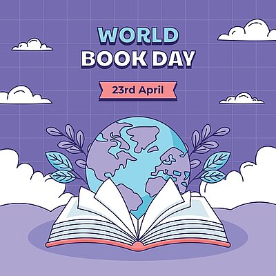 Cartoon-Illustration zum Welttag des Buches am 23. April. Ein geöffnetes Buch, aus dem die Weltkugel und ein paar Zweige mit Blättern schauen. Im Hintergrund weiße Wolken auf violettem Himmel. 