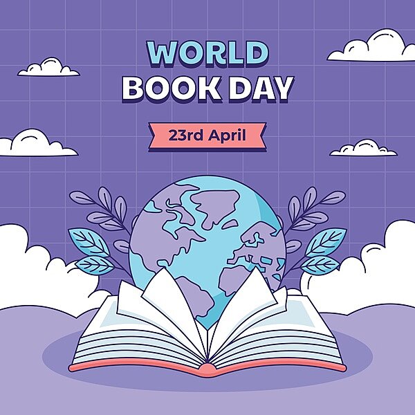 Wir feiern das Lesen! Cartoon-Illustration zum Welttag des Buches am 23. April. Ein geöffnetes Buch, aus dem die Weltkugel und ein paar Zweige mit Blättern schauen. Im Hintergrund weiße Wolken auf violettem Himmel.