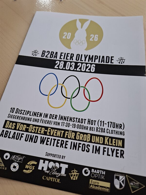 Flyer zur „B2BA Eier Olympiade“ am 28.03.2026 mit olympischen Ringen und Hinweisen zum Vor-Oster-Event.