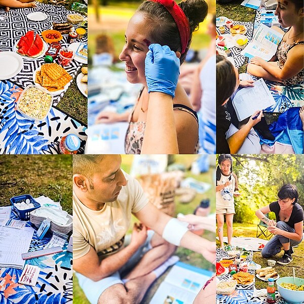 Willkommen zurück! Bildercollage vom Picknick im Stadtpark, mit Wassermelone, Waffeln, Tomaten, Grillwurst und Auszubildenden, die praktisch die Wundversorgung üben.